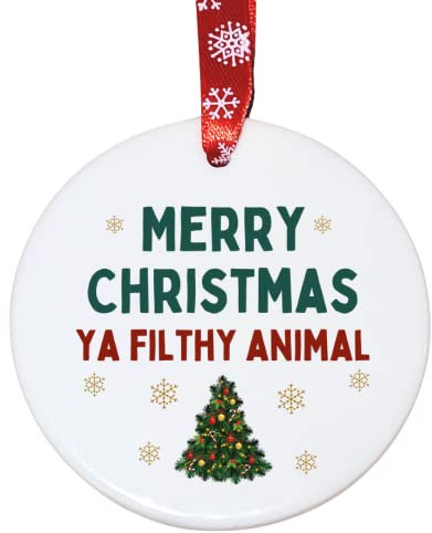 Second Ave Merry Christmas Ya Filthy Animal White Ceramic Hanging Circle Christmas Xmas Tree Decoration Bauble