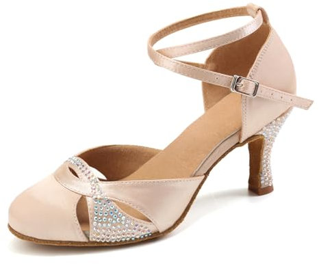 AOQUNFS Zapatos de Baile Latino Mujer Satén Cerrados Brillantes Zapatos Baile de Salón para Salsa Bachata Tango Vals,L157-Beige-7.5,EU39