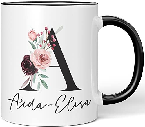JUNIWORDS Tasse, Aida-Elisa, Name Anfangsbuchstabe Initial Alphabet Floral Buchstabe A Monogramm Motiv, Schwarz (5552705)