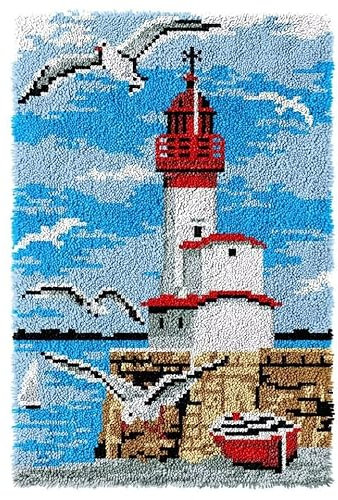 ROCKY&CHAO Knüpfhaken-Teppich-Set DIY-Knüpfhaken Teppichherstellungs-Set für Erwachsene Kinder Kreuzstich Teppichherstellung Heimdekoration 60 x 40 cm (Roter Leuchtturm)