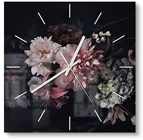 DEQORI Glasuhr | 30x30 cm | Motiv Blühende Pracht | ausgefallene leise Design Uhr aus Glas | Wanduhr für Wohnzimmer & Küche | moderne Hingucker Uhr für die Wand