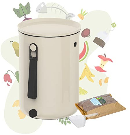 Bokashi Set mit formschönem Bokashi Eimer, Bokashi Ferment, Dosierhilfe und Stampfer