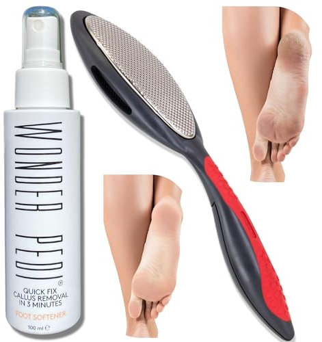 Wonder Pedi Double Sided Metal Foot File - Stainless Steel Feet Callus Remover Made in Germany - Feet Scrubber Dead Skin - Heel Scraper for Cracked Heels Repair (Double File + Softener)