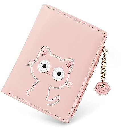 SNCCJ Süß Portemonnaie Damen, Bifold Leder Klein Geldbörse Damen mit RFID Schutz, Geldbeutel Mädchen mit Reißverschluss Münzbeutel (Katze Rosa)