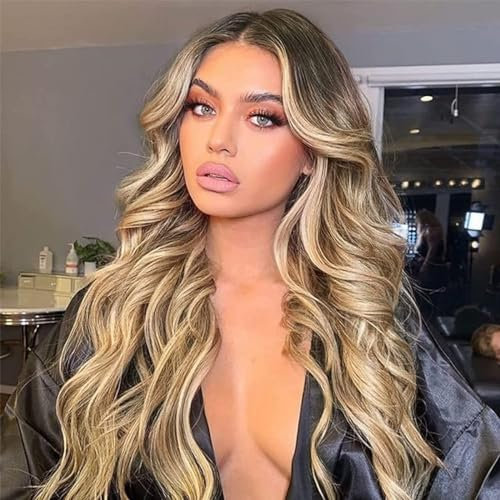 PORSMEER Perücke Damen Ombre Braun bis Blond mit dunkler Roots Kunsthaar Natürlich Perücke Lange ohne Pony Wellig Gewellte Lockig Brown Wig Für Frauen 26 zoll,Party or Tägliche