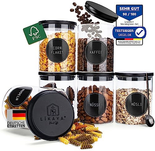 LIKAYA® Vorratsgläser 6er-Set – 800ml Glasbehälter mit FSC® Pinienholz-Deckel | Inkl. Metalllöffel, Etiketten & Stift – Perfekt für stilvolle und luftdichte Lebensmittelaufbewahrung