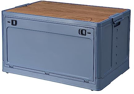 ROBAUN Campingbox Mit Deckel, Faltbare Stapelbar Aufbewahrungsbox Mit Riemenscheiben, Faltschachtel Stauraum Kofferraum Mit Holzdeckel Kann Als Schneidebrett- Blue|| 50 * 35 * 24.5cm