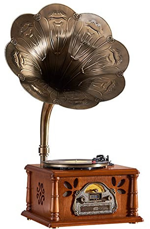 Retro Radio,Vintage Record Player, Retro Record Player Phonograph, Wood Phonograph with Copper Horn, Support CD Player/Bluetooth/FM Radio/WIFI, Can Be Operated By Remote