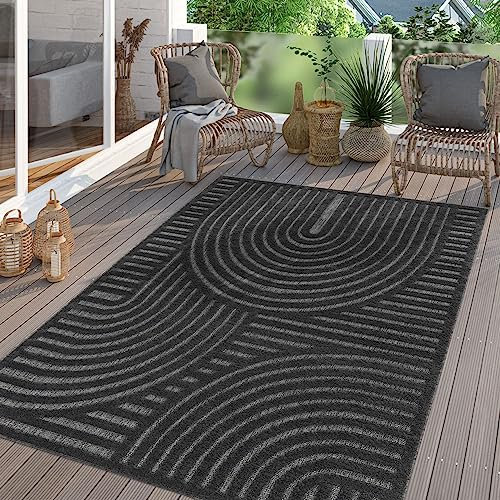 TT Home In-& Outdoor Teppich Wetterfest Balkon Küche Wohnzimmer Boho Skandi Design, Farbe:Dunkelgrau Anthrazit, Größe:140x200 cm