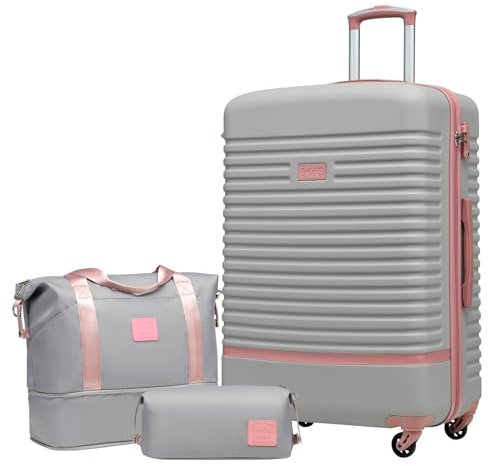 COOLIFE Suitcase Trolley Carry On Hand Cabin Luggage Hard Shell Travel Bag Lightweight with TSA Lock,The Suitcase Included 1pcs Travel Bag and 1pcs Toiletry Bag (Grey/Pink, 28 Inch Luggage Set)