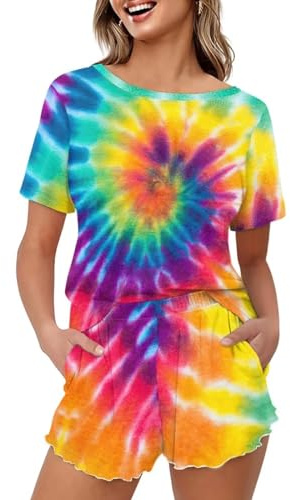 Renewold Set pigiama da donna a maniche corte e pantaloncini da notte Set da notte da donna Loungewear Tuta da notte, Tie-dye arcobaleno, XL