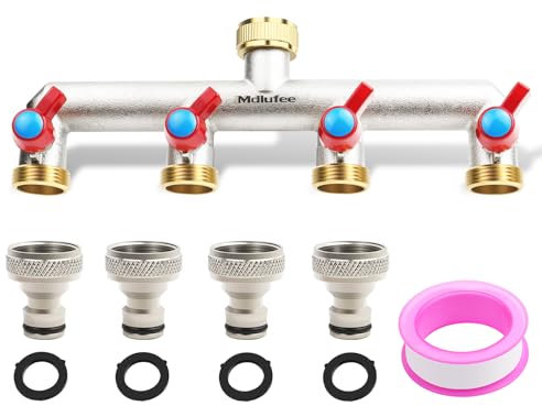 Mdlufee 3/4 Inch Brass Tap Splitter 4 Way Set,4 Quick Connector, Hose Tap Splitter Connection with 2 Individual Valves for Garden Kitchen Faucet,Washing Machine Hose Connector