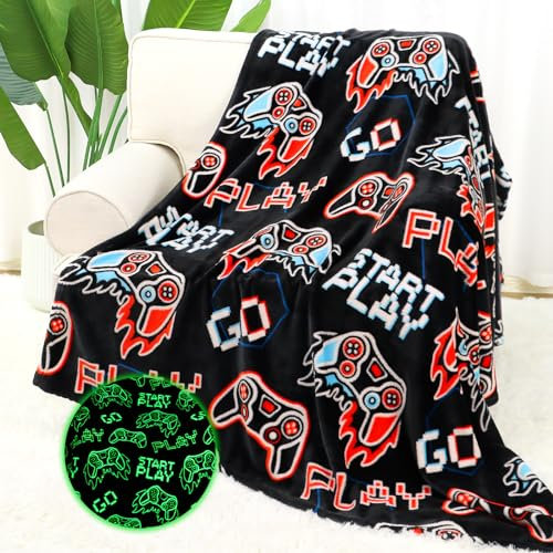 AISDE Gamer Decke, Polyester, Flanell, Modern, Green, Cartoon, 40 x 50 (100 x 130 cm), Leuchtet im Dunkeln, Videospiele, für Jungen ab 8 Jahren