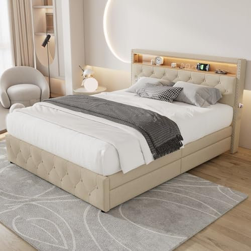 BTM Upholstered Double Bed 135 * 200cm, 4FT6 With 4 Storage Drawers & Bedside Pocket, Linen Frame With LED Headboard, Beige, No Mattress