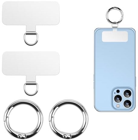 Phone Tether Tab Stainless Steel, 2 Phone Lanyard Patches + 2 Spring Rings Connecting Cellphone Neck Strap Universal Phone Charm Pad Compatible with Most Smartphone Cases without Adhesive