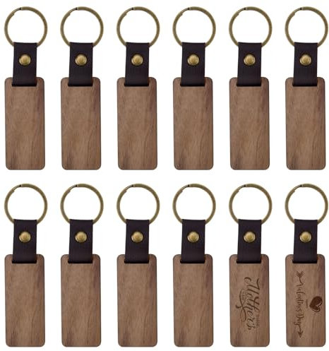 12 Stück Schlüsselanhänger Holz, Holz Schlüsselanhänger Rohlinge Wooden Keychain Schlüsselring Beschriftbar Naturholzscheiben Schlüsselringe Blank Schlüsselbund Holzanhänger
