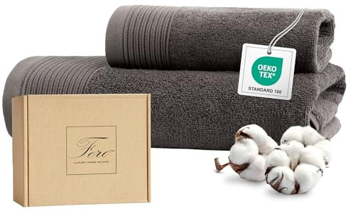 Ferò Set Asciugamani Bagno di Lusso 2 Pezzi, OEKO-TEX 100% Cotone Premium 550 g/m², Ultra Morbido e Assorbente, Design Italiano, Coppia Asciugamani Viso e Bidet, Asciugamano 50x100, 50x30 cm, Grigio