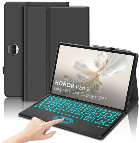 JADEMALL Keyboard Case with Touchpad for Honor Pad 9 12.1, Wireless Detachable Bluetooth Trackpad Keyboard with 7 colors Backlit and Stand Cover for HONOR Pad 9 12.1-inch 2023 Tablet, Black