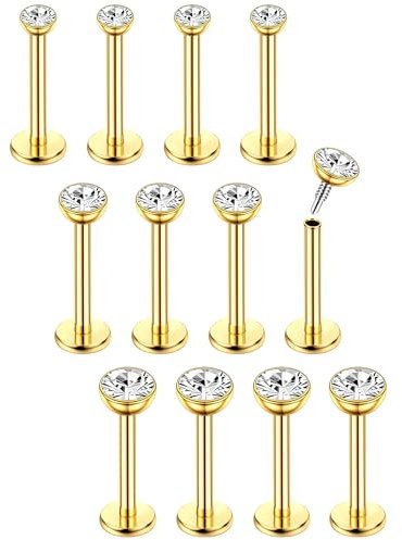 Chriscoco 16G 12Pcs Helix Piercings Chirurgenstahl Piercing Ohr Conch Piercing Nasenpiercing Tragus Piercing lippenpiercing labret Piercing Studs 8mm für Frauen Männer CZ Gold