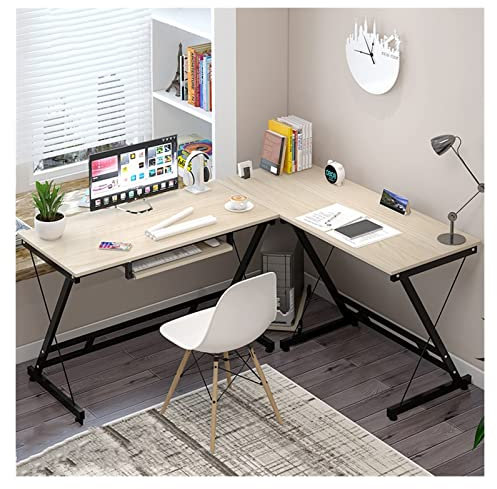 CLLBANT Study Table Writing Desk Modern Minimalist Corner Writing Desk PC Laptop Desk L-Shaped PC Workstation with Keyboard Tray Stable Z-Shaped Metal Frame Home Office Furniture Gaming PC