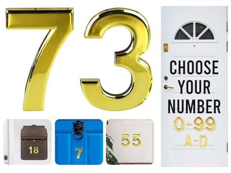 Gold Door Numbers Stick On, 0-99, Letters A, B, C, D, 3'' House Numbers Self Adhesive Stickers, For Doors, Mail Boxes, Hotel Rooms (73)