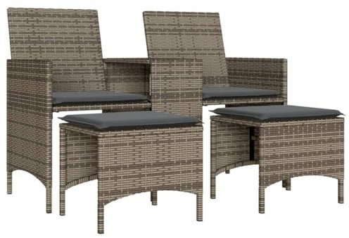 vidaXL Gartensofa 2-Sitzer, Gartenbank mit Tisch Hockern, Sitzbank für Garten Terrasse Balkon, Gartenmöbel Gartensessel, Grau Poly Rattan