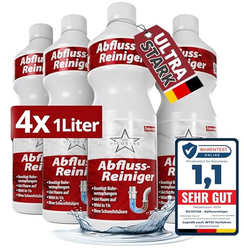 Ricostar Abflussreiniger extra stark [Vom Profi] 4x 1000ml | Made in Germany | Rohrreiniger extrem stark | Rohrfrei extra stark | Abflussfrei extrem stark | Abfluss reinigen