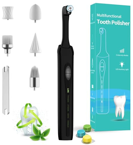 Tooth Polisher - Multifunctional Teeth Whitening Kit for Cleaning Plaque Removal - Teeth Polisher and Stain Remover Tool with LED Light, 5 Brush Heads, Modes & 3 Polishing Paste - Rechargeable