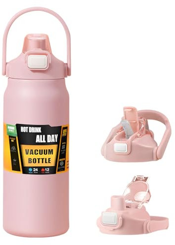 Borraccia termica da 1,5 l, con cannuccia e manico, in acciaio inox, a doppia parete, con isolamento sottovuoto, mantiene il freddo e la borsa dell'acqua calda per sport, palestra, arrampicata (rosa)