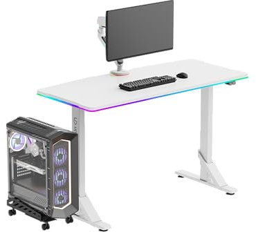 Ultradesk Iron Table d'Ordinateur - Bureau pour Moniteur de Jeu, Gaming Réglable en Hauteur avec Rétroéclairage LED RGB - pour 2 Moniteurs - Plateau Large - Blanc