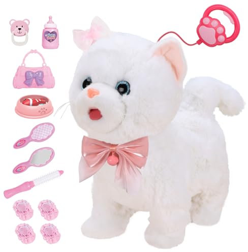 Plüschtier Katze für Kinder mit Fernbedienung Leine,interaktive elektronische Haustiere Spielzeug Katze,Walking,Zunge heraus, Catcall & Wagging Tail,umfasst Spielzeug Katze Zubehör (Weiße Katze)