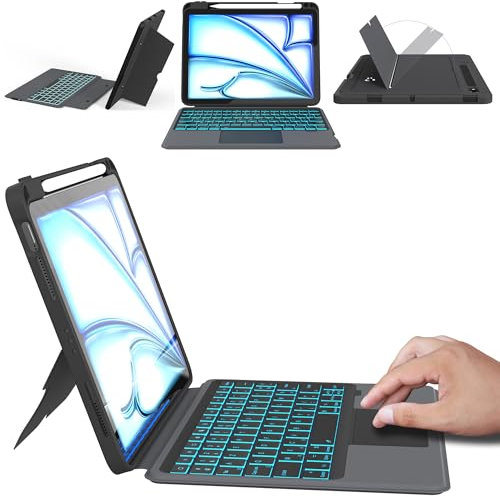 Étui avec clavier amovible pour iPad Air 11 (M3/M2, 2025/2024)/Air 5 /Air 4/Pro 11 (4/3/2/1 Gen) - Pavé tactile intelligent, Rétroéclairage 7 couleurs, Français AZERTY, Réveil/veille automatique