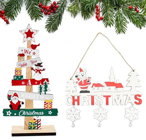 EUIEUT 2PCS Wooden Christmas Table Decorations - Santa Claus Table Sign & Merry Christmas Sign Hanging Decorations for Party Supplies & Home Room Decor