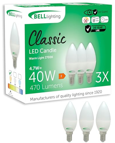 BELL Lighting E14 SES LED Candle Light Bulbs 4.7W 470lm Warm White 3 Pack | Non-dimmable E14 small screw LED candle bulbs with 2700K warm white light, 470lm output and 40W equivalent brightness.