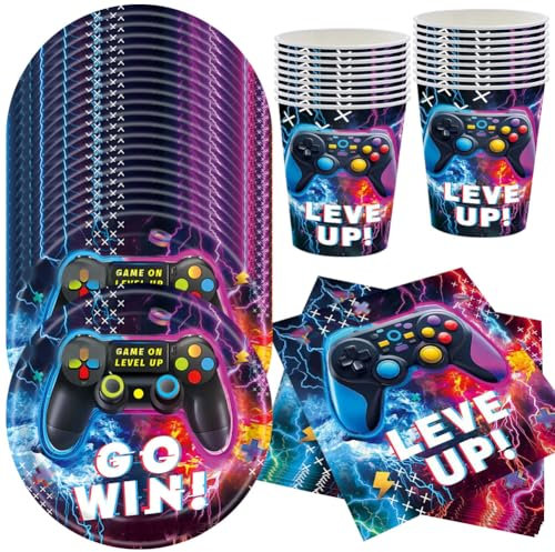 MEZHEN Gamepad Vaisselle Anniversaire Décorations Jeu Vidéo Party Vaisselle de Fête d'anniversaire Contrôleur Assiettes Gobelets Serviettes 20 Invités