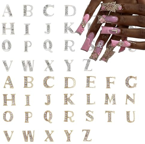 Pizadix 52 Pieces 3D Silver and Gold Nail Pendants, Letter Pendants for Nails, Nail Letters, Alphabet, Rhinestones, Letters, Nail Pendants for Nail Art, Design, Decoration, DIY Crafts