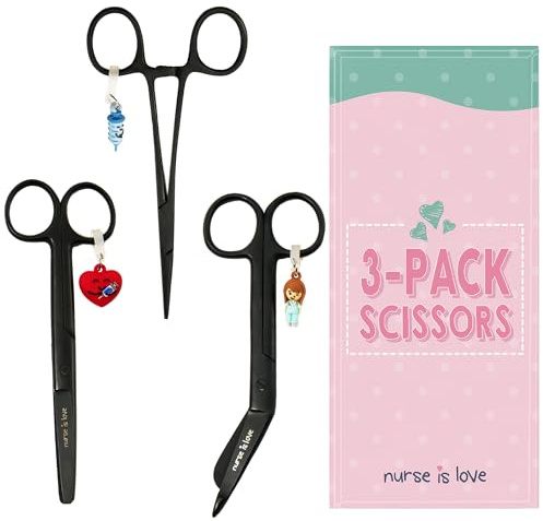 Nurse is Love Set 3uds Tijeras Enfermería Pico de Pato & Rectas Mayo + Herramienta de Sujeción | Tijeras Punta Roma Vendaje, Accesorios Enfermera, Primeros Auxilios, Auxiliar de Enfermería - Negro