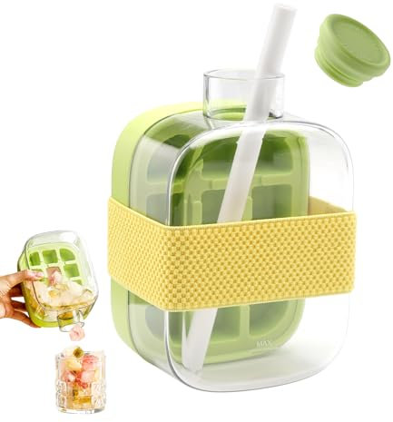 Ice Cube Bottle,Eiswürfel Flasche,Eiswürfelform,Eiswürfelflasche mit Deckel und Behälter,Eiswürfelbox,2 in 1 Eiswürfelbehälter Wasserflasche,Eiswürfelformen für Getränke,Kaffee,Saft (500ml-Grün)