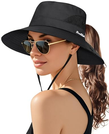 Becellen Cappello da Sole Donna, Protezione UV Cappelli Tesa Larga Traspirante Cappello Estivo da Pesca Safari Pieghevole con Foro per Coda di Cavallo