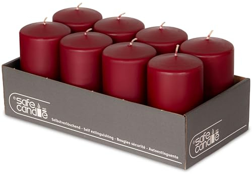 DecoLite Stumpenkerzen 13 x 7 cm, 61h Brenndauer, 8er Set, Altrot | RAL-geprüft, Safe Candle mit Abbrandstopp, tropf- & rußfrei, ohne Duft, 8 Stück, 13 x 7 cm, 61 h