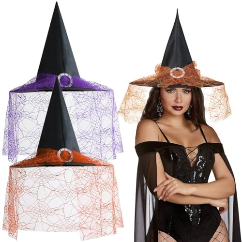 KUMSODE 2 Stück Hexenhut Damen, Halloween Hexenhut Zauberer Frauen, Hexen Hut Kostüm Cosplay, Breite Krempe Spitzhut, Accessoire für Ihr Hexenkostüm, Kopfbedeckung, Karnevalshut（Orange, Lila ）