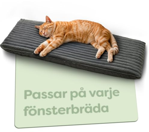 Knupis Fönsterbräda Kattbädd 90 x 28 cm – Självvärmande utan el – Mjuk & Ljuddämpande – Tvättbart överdrag – Med halkfri undersida – Grå