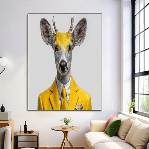 Rentier Im Anzug Wanddeko Modernes Tier Wandbilder Senfgelb Wohnzimmer Poster Kunstdrucke Leinwandbild Poster Für Schlafzimmer Büro Wanddeko, Ohne Rahmen, 60X80Cm