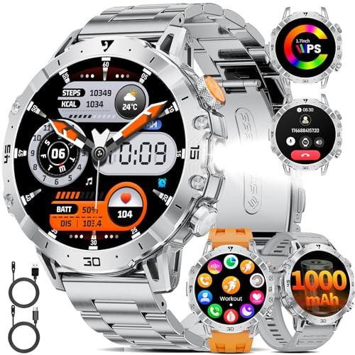 1000mAh Batteria Smartwatch Uomo Militare, 1.7'' Orologio Smart Watch con Chiamata Bluetooth,100+ Modalità Sportive,Torcia LED Orologio Fitness, Frequenza Cardiaca e Sonno,IP68,Android iOS,EF18-B