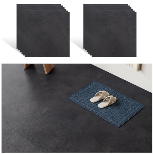 VEELIKE Dalle PVC Adhesive Sol Beton Noir 12 Pièces Carrelage Adhesif Sol Ciment Noir Dalle Garage Carreaux Adhesif Cuisine Salle de Bain Imperméable Amovible Buanderie Chambre 1.5mm 30 cm ×30 cm