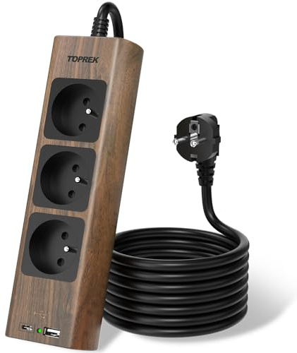 TOPREK Regleta de Grano de Madera con USB, Regleta Eléctrica con 3 Tomas 2300W/10A, 3 Schuko, 3 USB-A y 1 USB-C, Cable de 1.5 m, Interruptor, para Hogar y Oficina