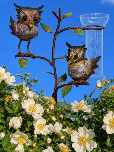 Pommerntraum ®| Regenmesser Pluviometer Eule Gartendeko Niederschlagsmesser | Ombrometer Gartenstecker Rostoptik Regenmesserglas Vögel Vogel Eulenfiguren Balkondeko Terrassendeko Gartendekoration (Eulen)