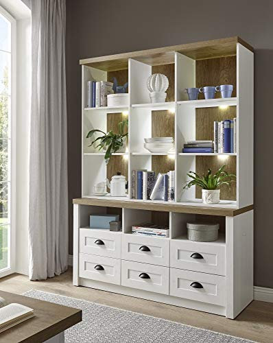 Buffet Tesorino Holznachbildung Pinie Weiss Applikationen Eiche hell 130x179x35-43cm Highboard Board Sideboard Vitrine Standvitrine Vitrinenschrank Beleuchtung ohne Beleuchtung
