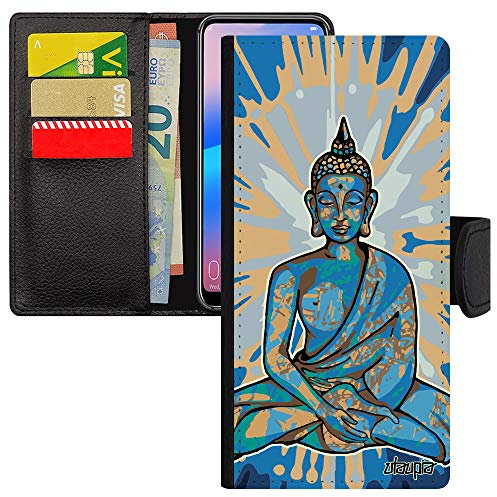 Coque pour Samsung A9 2018 Rabat Bouddha Smartphone Dessin Chinois Zen Housse Assis Spirituel magnetique Fantaisie Femme Case Bleu Galaxy