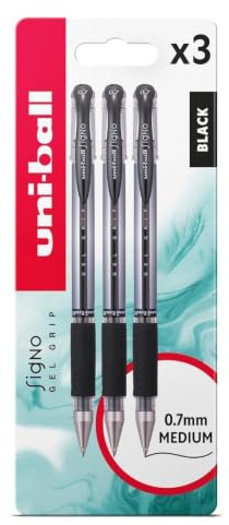 uni-ball Signo Gel Grip Fine Nib Pens, 0.7 mm, Black (3-Pack) | Medium Tip, Fast-Flow Gel Ink, Ergonomic Grip, Water-Resistant